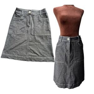 LINDEX French Girl Grey denim A-line midi skirt with white stitches sz S